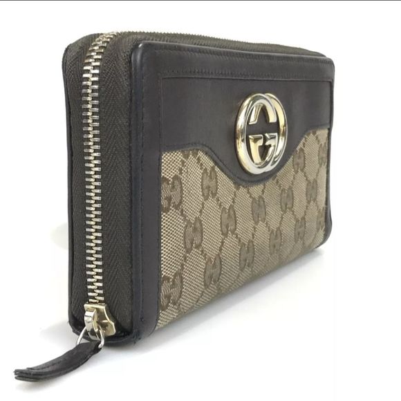 GUCCI WALLET ROUND ZIP GG Canvas Leather Brown 308012 0416 Authentic - Picture 3 of 12